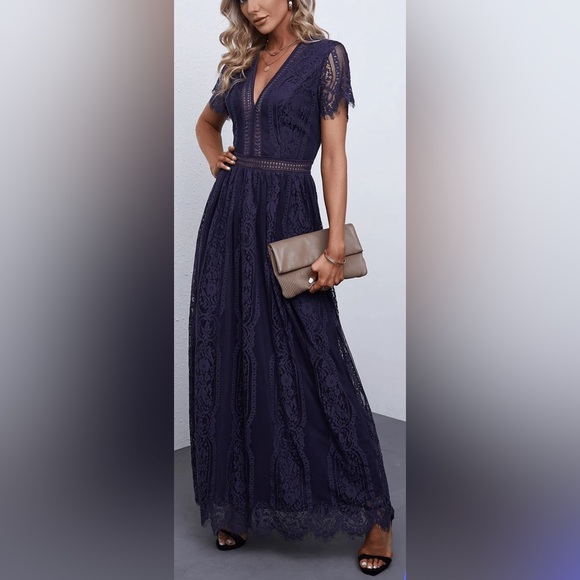 Trendsi Scalloped Trim Lace Plunge Dress - Picture 7 of 7